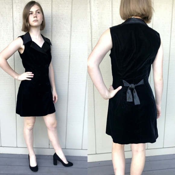 90s 80s Vintage Black Velvet short Dress prom bow - Picture 4 of 7